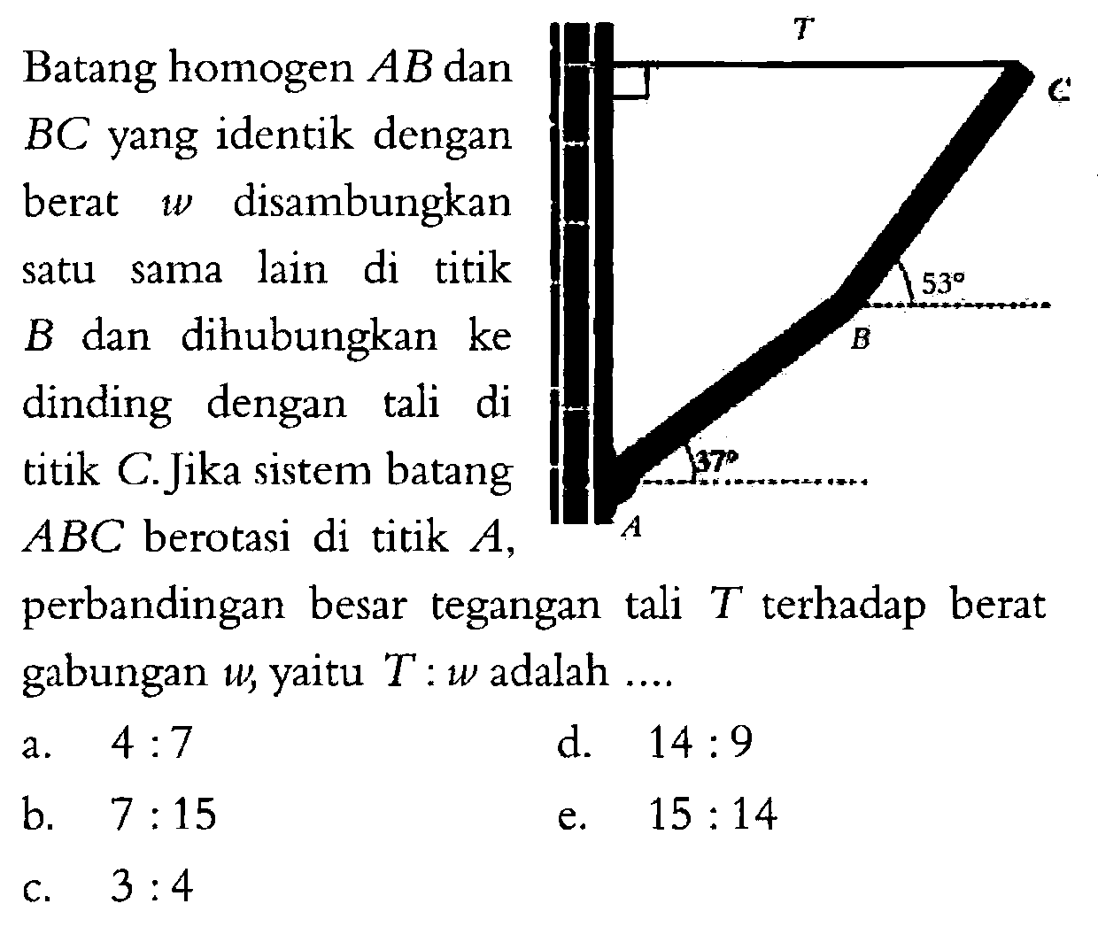 Batang homogen AB dan BC yang identik dengan berat w disambungkan satu sama lain di titik B dan dihubungkan ke dinding dengan tali di titik C. Jika sistem batang ABC berotasi di titik A, perbandingan besar tegangan tali T terhadap berat gabungan w, yaitu T : w adalah .... T C 53 B 37 A 