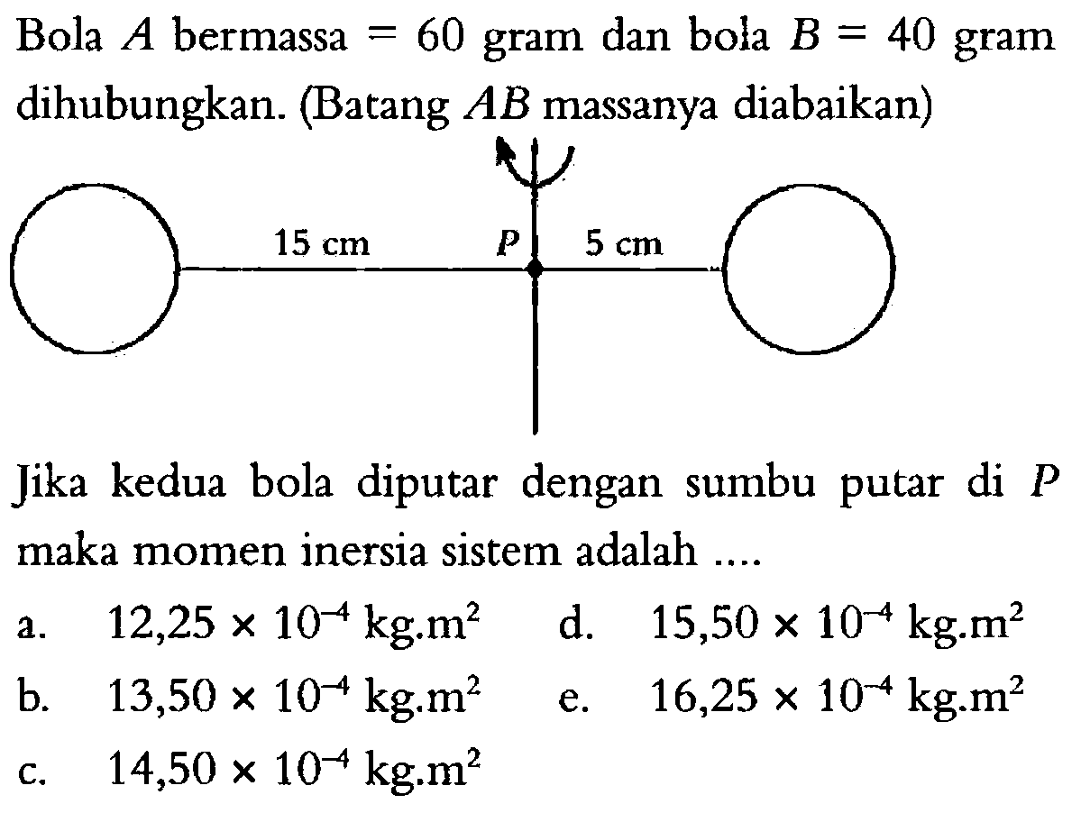 Bola A bermassa =60 gram dan bola B=40 gram dihubungkan. (Batang A B massanya diabaikan) 15 cm P 5 cmJika kedua bola diputar dengan sumbu putar di P maka momen inersia sistem adalah ....