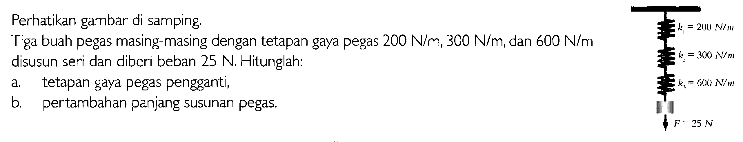 Perhatikan gambar di samping. Tiga buah pegas masing-masing dengan tetapan gaya pegas 200 N/m, 300 N/m dan 600 N/m disusun seri dan diberi beban 25 N, Hitunglah: a. tetapan gaya pegas pengganti b. pertambahan panjang susunan pegas.