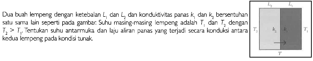 Dua buah lempeng dengan ketebalan  L_(1)  dan  L_(2)  dan konduktivitas panas  k_(1)  dan  k_(2)  bersentuhan satu sama lain seperti pada gambar. Suhu masing-masing lempeng adalah  T_(1)  dan  T_(2)  dengan  T_(2)>T_(1) . Tentukan suhu antarmuka dan laju aliran panas yang terjadi secara konduksi antara kedua lempeng pada kondisi tunak.