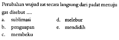 Perubahan wujud zat secara langsung dari padat menuju gas disebut....