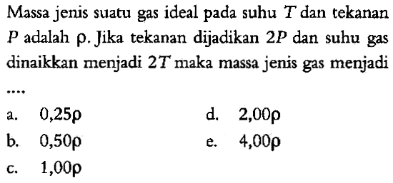 Massa jenis suatu gas ideal pada suhu T dan tekanan P adalah rho. Jika tekanan dijadikan 2P dan suhu gas dinaikkan menjadi 2T maka massa jenis gas menjadi...