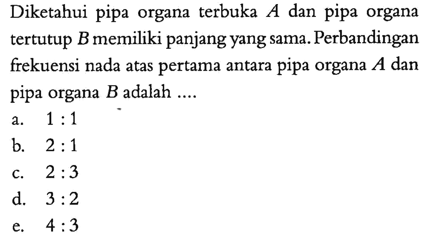 Diketahui pipa organa terbuka A dan pipa organa tertutup B memiliki panjang yang sama. Perbandingan frekuensi nada atas pertama antara pipa organa A dan pipa organa B adalah ....