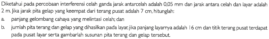 Diketahui pada percobaan interferensi celah ganda jarak antarcelah adalah 0,05 mm dan jarak antara celah dan layar adalah 2 m. Jika jarak pita gelap yang keempat dari terang pusat adalah 7 cm, hitunglah: a. panjang gelombang cahaya yang melintasi celah; dan b. jumlah pita terang dan gelap yang dihasilkan pada layar, jika panjang layarnya adalah 16 cm dan titik terang pusat terdapat pada pusat layar serta gambarlah susunan pita terang dan gelap tersebut. 