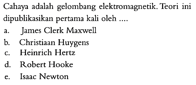 Cahaya adalah gelombang elektromagnetik. Teori ini dipublikasikan pertama kali oleh ....