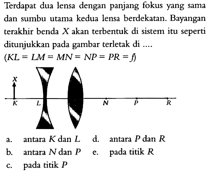 Terdapat dua lensa dengan panjang fokus yang sama dan sumbu utama kedua lensa berdekatan. Bayangan terakhir benda X akan terbentuk di sistem itu seperti ditunjukkan pada gambar terletak di ....
(KL = LM = MN = NP = PR = f)