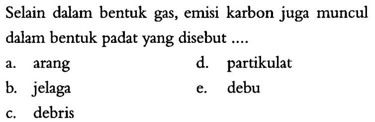 Selain dalam bentuk gas, emisi karbon juga muncul dalam bentuk padat yang disebut ....