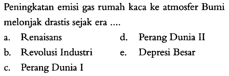 Peningkatan emisi gas rumah kaca ke atmosfer Bumi melonjak drastis sejak era....