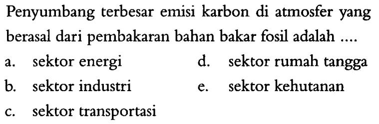 Penyumbang terbesar emisi karbon di atmosfer yang berasal dari pembakaran bahan bakar fosil adalah ....