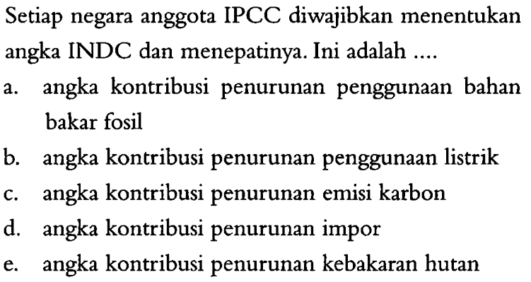 Setiap negara anggota IPCC diwajibkan menentukan angka INDC dan menepatinya. Ini adalah ....