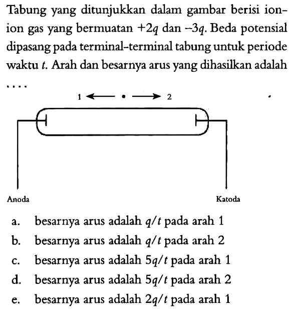 Tabung yang ditunjukkan dalam gambar berisi ionion gas yang bermuatan  +2 q  dan  -3 q . Beda potensial dipasang pada terminal-terminal tabung untuk periode waktu  t . Arah dan besarnya arus yang dihasilkan adalah  ....
1 2 Anoda Katoda 
