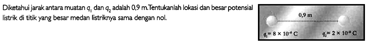 Diketahui jarak antara muatan  q1 dan  q2 adalah 0,9 m. Tentukanlah lokasi dan besar potensial listrik di titik yang besar medan listriknya sama dengan nol.
0,9 m
 q1 = 8 x 10^(-6) C  q2 = 2 x 10^(-6) C 