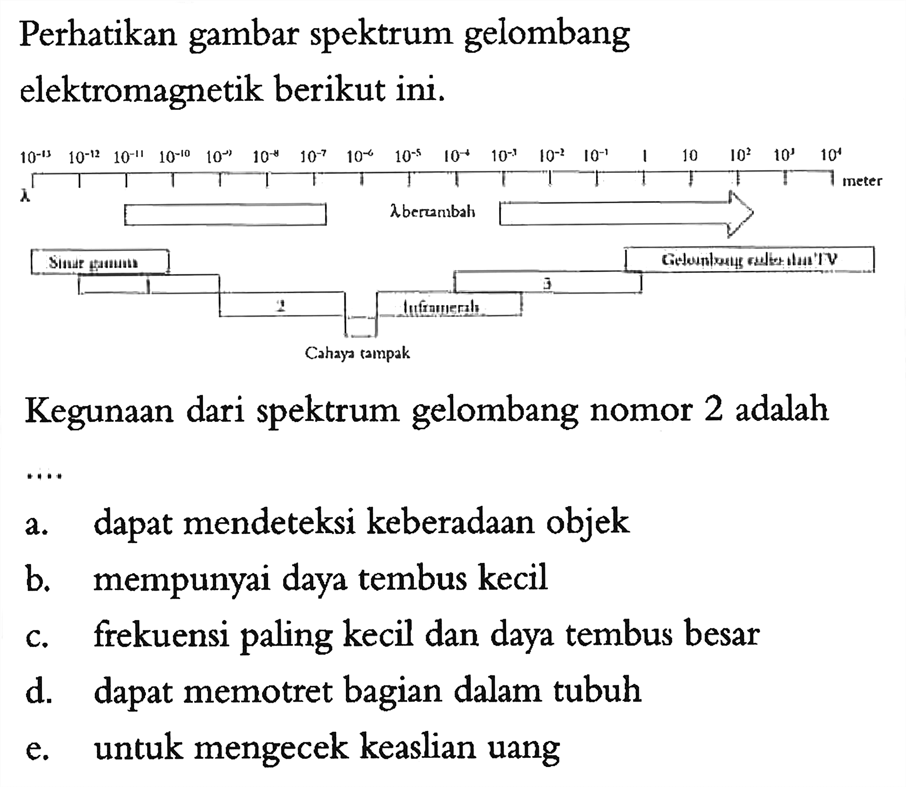 Perhatikan gambar spektrum gelombang elektromagnetik berikut ini. 
10^(-13) 10^(-12) 10^(-11) 10^(-10) 10^(-9) 10^(-8) 10^(-7) 10^(-6) 10^(-5) 10^(-4) 10^(-3) 10^(-2) 10^(-1) 1 10 10^2 10^3 10^4 meter lambda lambda bertambah Sinar gamma Gelombang radio dan TV 1 3 2 Inframerah Cahaya Tampak Kegunaan dari spektrum gelombang nomor 2 adalah a. dapat mendeteksi keberadaan objek b. mempunyai daya tembus kecil c. frekuensi paling kecil dan daya tembus besar d. dapat memotret bagian dalam tubuh e. untuk mengecek keaslian uang 