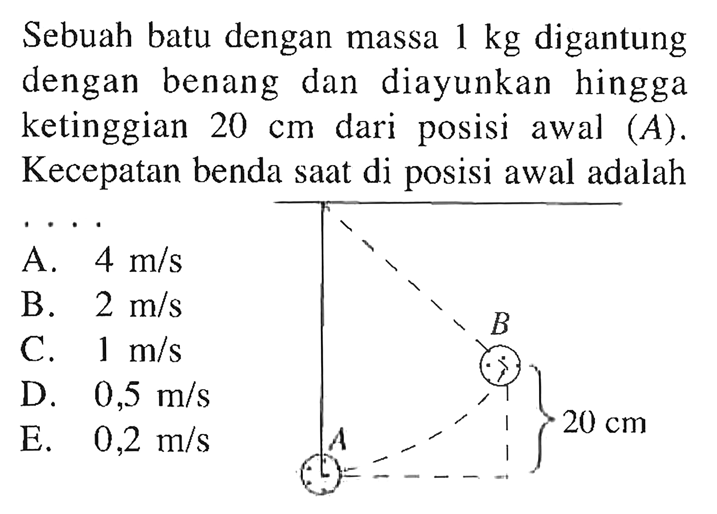 Sebuah batu dengan massa 1 kg digantung dengan benang dan diayunkan hingga ketinggian 20 cm dari posisi awal (A). Kecepatan benda saat di posisi awal adalah B 20 cm A 