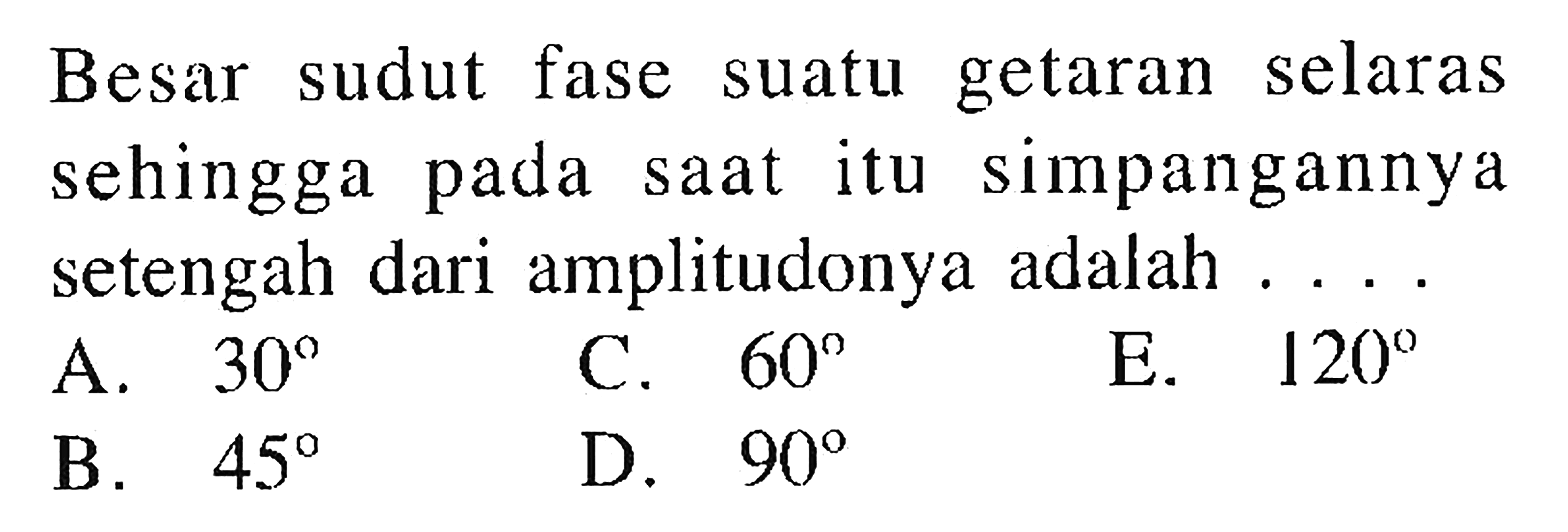 Besar sudut fase suatu getaran selaras sehingga pada saat itu simpangannya setengah dari amplitudonya adalah ....