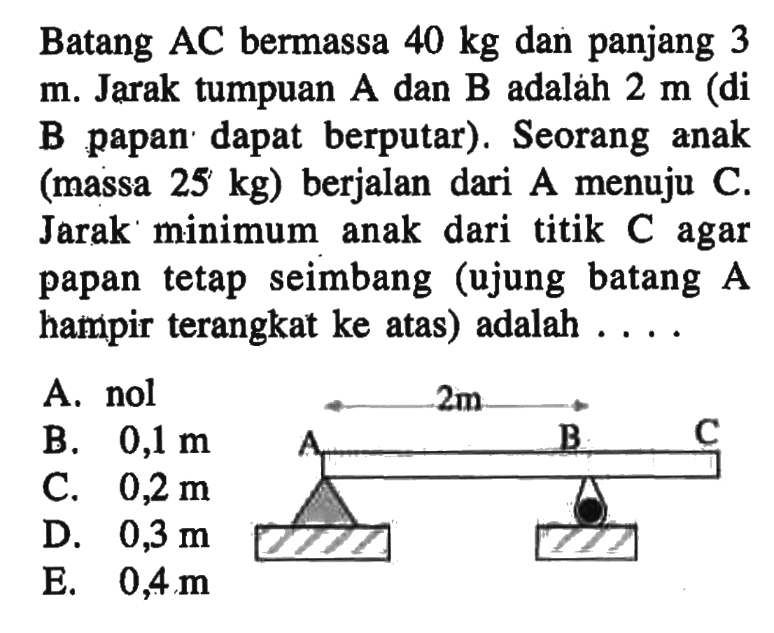 Batang AC bermassa 40 kg dan panjang 3 m. Jarak tumpuan A dan B adalah 2 m (di B papan dapat berputar). Seorang anak (massa 25 kg) berjalan dari A menuju C. Jarak minimum anak dari titik C agar papan tetap seimbang (ujung batang A hampir terangkat ke atas) adalah ... 2m A B C