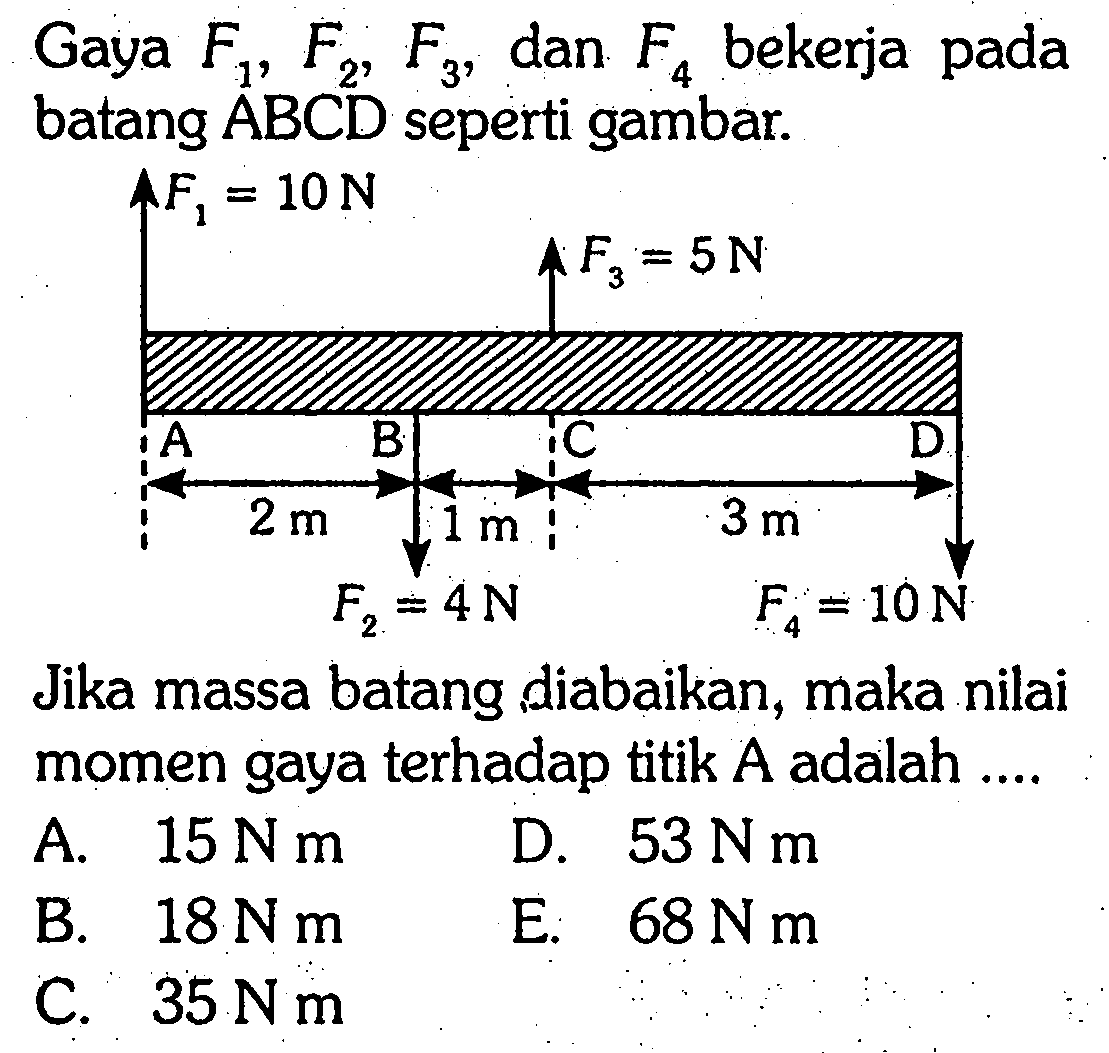 Gaya F1, F2, F3, dan F4 bekerja pada batang ABCD seperti gambar. Jika massa batang diabaikan, maka nilai momen gaya terhadap titik  A adalah .... F1=10 N A 2 m B 1 m F2=4 N C F3=5 N 3 m F4=10 N D 