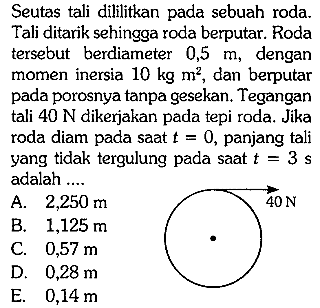 Seutas tali dililitkan pada sebuah roda. Tali ditarik sehingga roda berputar. Roda tersebut berdiameter 0,5 m, dengan momen inersia 10 kg m^2, dan berputar pada porosnya tanpa gesekan. Tegangan tali 40 N dikerjakan pada tepi roda. Jika roda diam pada saat t=0, panjang tali yang tidak tergulung pada saat t=3 s adalah ... 40 N