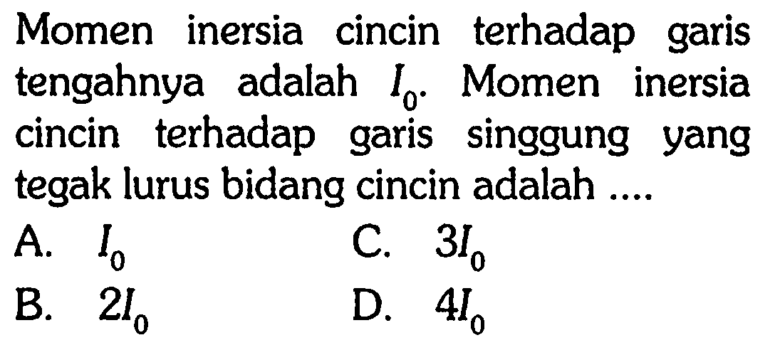 Momen inersia cincin terhadap garis tengahnya adalah I0. Momen inersia cincin terhadap garis singgung yang tegak lurus bidang cincin adalah...