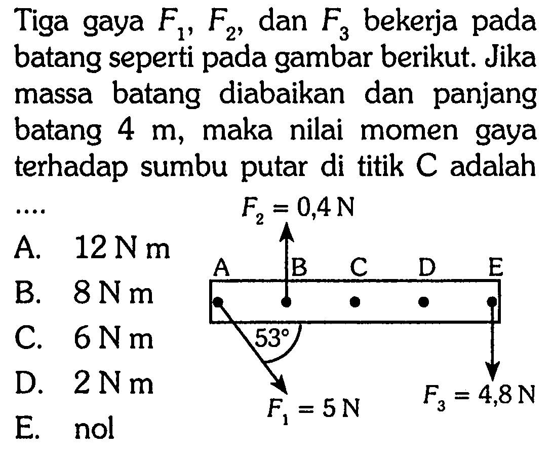 Tiga gaya F1, F2, dan F3 bekerja pada batang seperti pada gambar berikut. Jika massa batang diabaikan dan panjang batang 4 m, maka nilai momen gaya terhadap sumbu putar di titik C adalah....   F2=0,4 N A B C D E 53 F1=5N F3 = 4,8N 