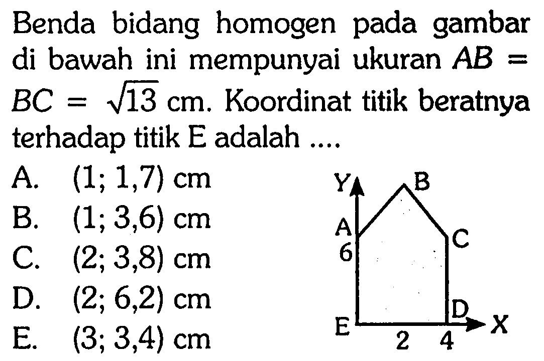 Benda bidang homogen pada gambar di bawah ini mempunyai ukuran AB = BC = akar(13) cm.  Koordinat titik beratnya terhadap titik E adalah ....Y B A C 6 E 2 4 D X