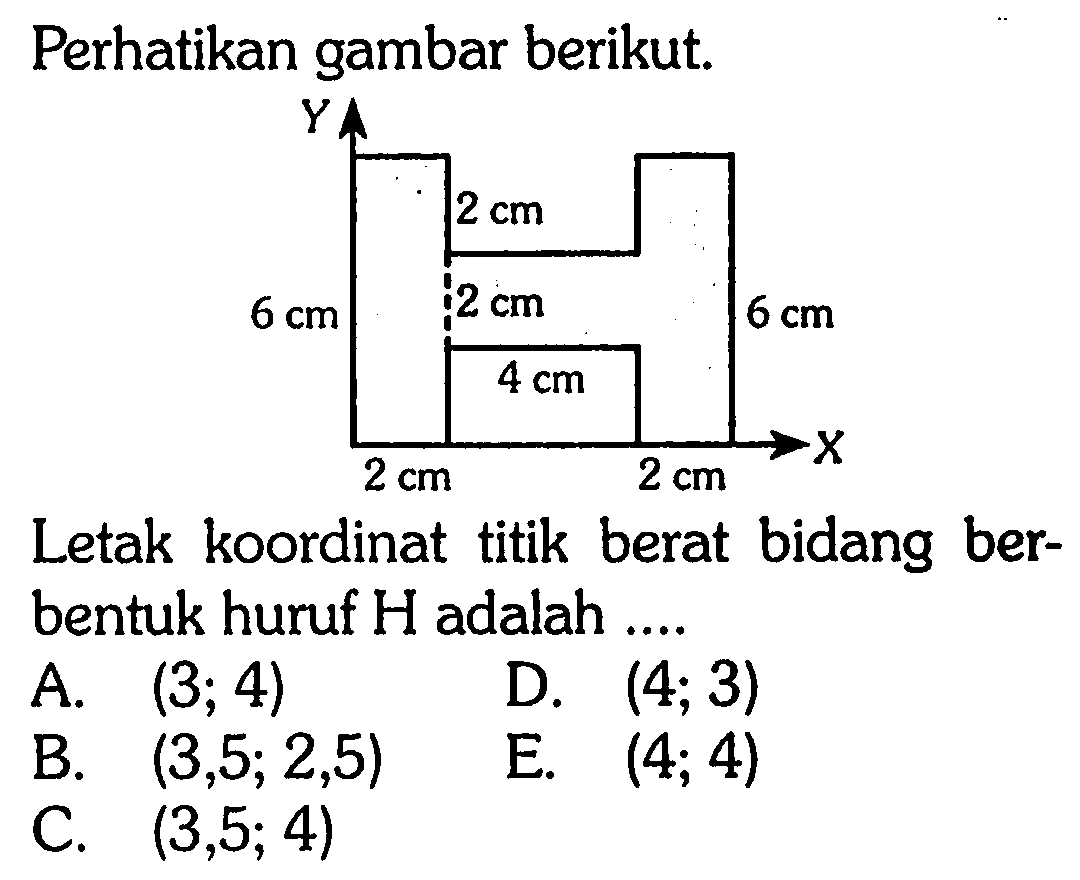 Perhatikan gambar berikut. Y 2 cm 6 cm 2 cm 6 cm 4 cm 2 cm 2 cm X Letak koordinat titik berat bidang ber- bentuk huruf H adalah .... 