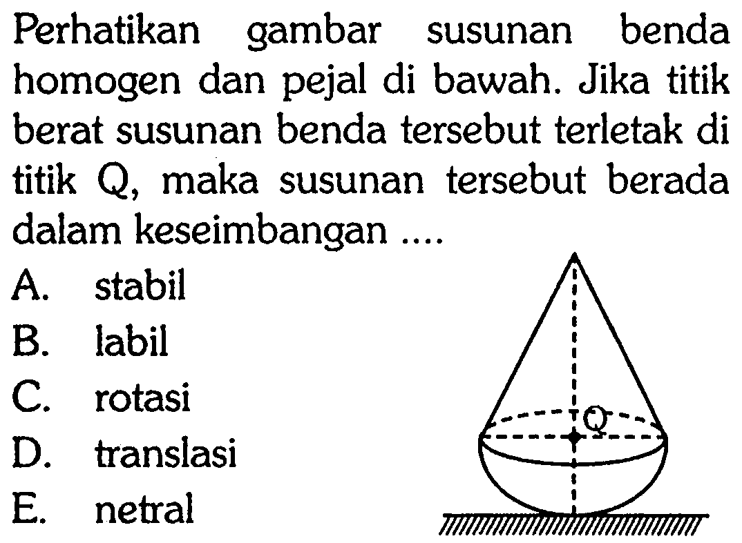 Perhatikan gambar susunan benda homogen dan pejal di bawah. Jika titik berat susunan benda tersebut terletak di titik Q, maka susunan tersebut berada dalam keseimbangan... Q