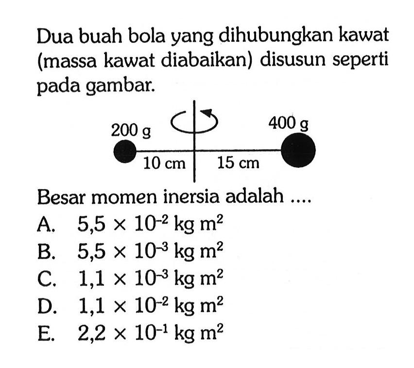 Dua buah bola yang dihubungkan kawat (massa kawat diabaikan) disusun seperti pada gambar. 200 g 400 g 10 cm 15 cm Besar momen inersia adalah .... 