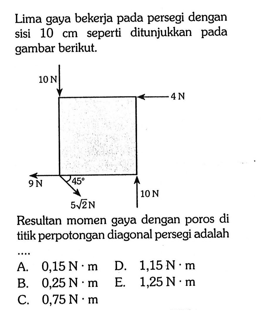 Lima gaya bekerja pada persegi dengan sisi 10 cm seperti ditunjukkan pada gambar berikut. 10 N 4 N 9 N 45 10 N 5 akar(2) N Resultan momen gaya dengan poros di titik perpotongan diagonal persegi adalah ... 