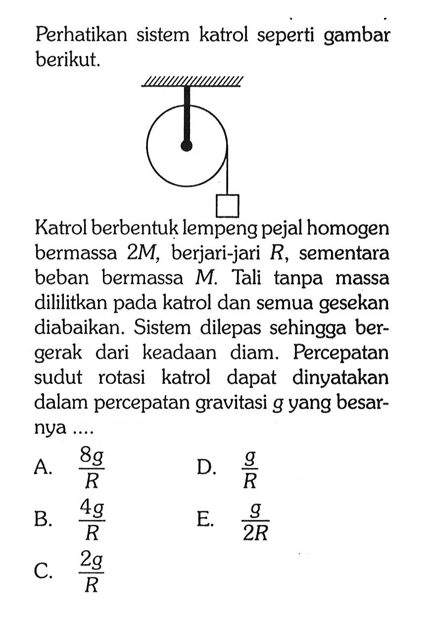 Perhatikan sistem katrol seperti gambar berikut. Katrol berbentuk lempeng pejal homogen bermassa 2M, berjari-jari R, sementara beban bermassa M. Tali tanpa massa dililitkan pada katrol dan semua gesekan diabaikan. Sistem dilepas sehingga bergerak dari keadaan diam. Percepatan sudut rotasi katrol dapat dinyatakan dalam percepatan gravitasi g yang besarnya ....