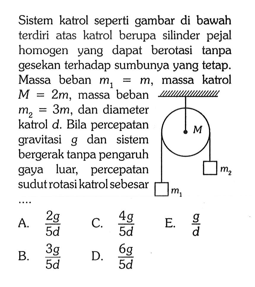 Sistem katrol seperti gambar di bawah terdiri atas katrol berupa silinder pejal homogen yang dapat berotasi tanpa gesekan terhadap sumbunya yang tetap. Massa beban m1=m, massa katrol M=2m, massa beban m2=3m, dan diameter katrol d. Bila percepatan gravitasi g dan sistem bergerak tanpa pengaruh gaya luar, percepatan sudut rotasi katrol sebesar .... m1 M m2 