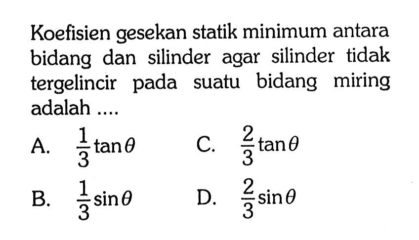 Koefisien gesekan statik minimum antara bidang dan silinder agar silinder tidak tergelincir pada suatu bidang miring adalah...