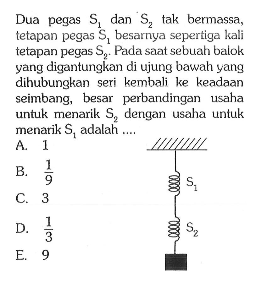 Dua pegas S1 dan S2 tak bermassa, tetapan pegas S1 besarnya sepertiga kali tetapan pegas S2. Pada saat sebuah balok yang digantungkan di ujung bawah yang dihubungkan seri kembali ke keadaan seimbang, besar perbandingan usaha untuk menarik S2 dengan usaha untuk menarik S1 adalah ....
S1 S2