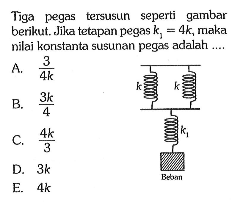 Tiga pegas tersusun seperti gambar berikut. Jika tetapan pegas k1 = 4k, maka nilai konstanta susunan pegas adalah .... k k k1 beban