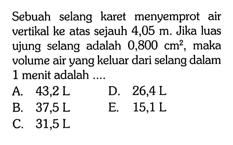 Sebuah selang karet menyemprot air vertikal ke atas sejauh  4,05 m . Jika luas ujung selang adalah  0,800 cm^2 , maka volume air yang keluar dari selang dalam 1 menit adalah ....