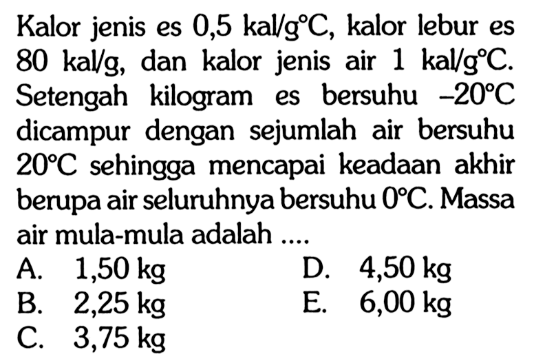 Kalor jenis es  0,5 kal/g C, kalor lebur es  80 kal/g , dan kalor jenis air  1 kal/g C . Setengah kilogram es bersuhu  -20 C dicampur dengan sejumlah air bersuhu  20 C  sehingga mencapai keadaan akhir berupa air seluruhnya bersuhu  0 C. Massa air mula-mula adalah ....