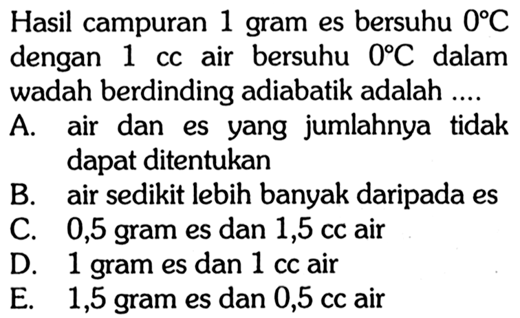 Hasil campuran 1 gram es bersuhu 0 C dengan 1 cc air bersuhu 0 C  dalam wadah berdinding adiabatik adalah ....