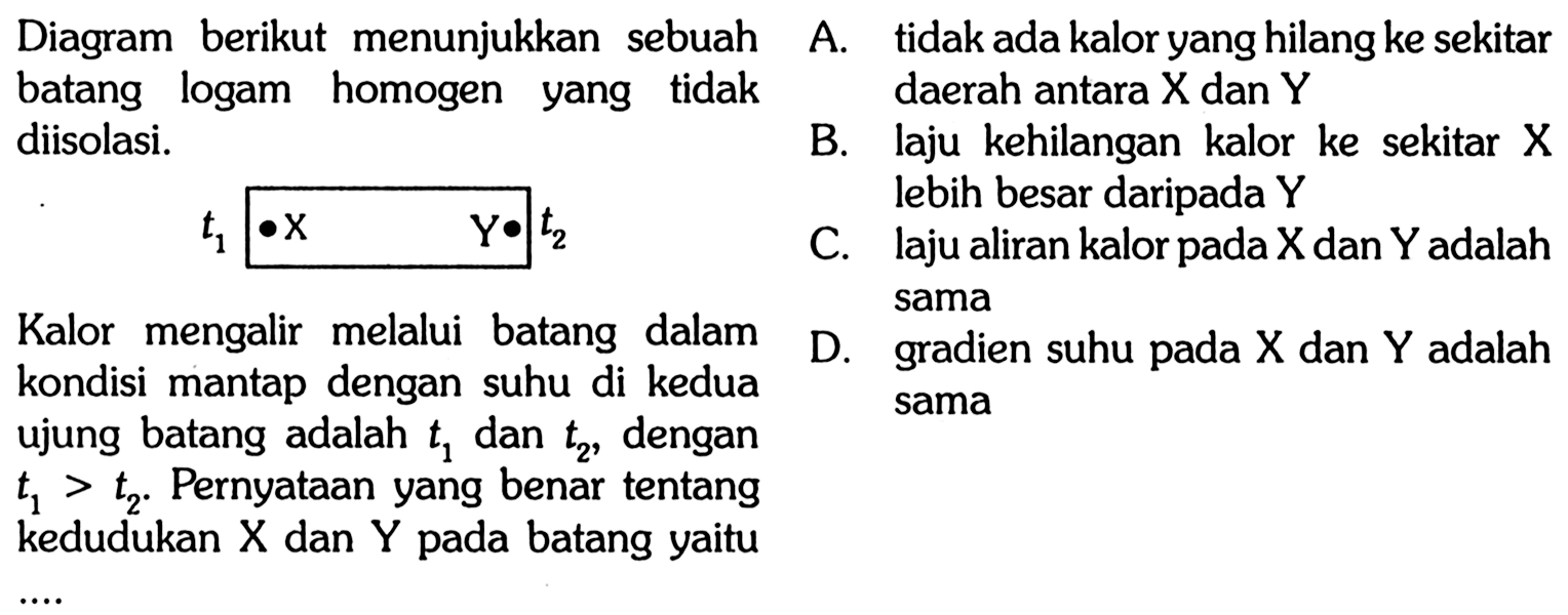 Diagram berikut menunjukkan sebuah batang logam homogen yang tidak diisolasi.
 t1  X  Y  t2 
Kalor mengalir melalui batang dalam kondisi mantap dengan suhu di kedua sama ujung batang adalah t1 dan t2, dengan t1 > t2. Pernyataan yang benar tentang kedudukan  X  dan  Y  pada batang yaitu

A. tidak ada kalor yang hilang ke sekitar daerah antara X dan  Y 
B. laju kehilangan kalor ke sekitar  X  lebih besar daripada  Y 
C. laju aliran kalor pada  X  dan  Y  adalah sama
D. gradien suhu pada  X  dan  Y  adalah sama