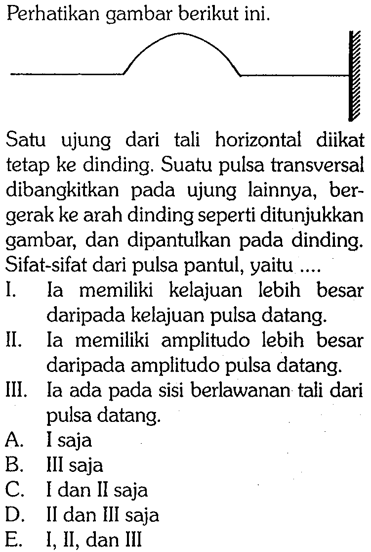 Perhatikan gambar berikut ini. Satu ujung dari tali horizontal diikat tetap ke dinding. Suatu pulsa transversal dibangkitkan pada ujung lainnya, bergerak ke arah dinding seperti ditunjukkan gambar, dan dipantulkan pada dinding. Sifat-sifat dari pulsa pantul, yaitu .... 
I. Ia memiliki kelajuan lebih besar daripada kelajuan pulsa datang. 
II. Ia memiliki amplitudo lebih besar daripada amplitudo pulsa datang. 
III. Ia ada pada sisi berlawanan tali dari pulsa datang.