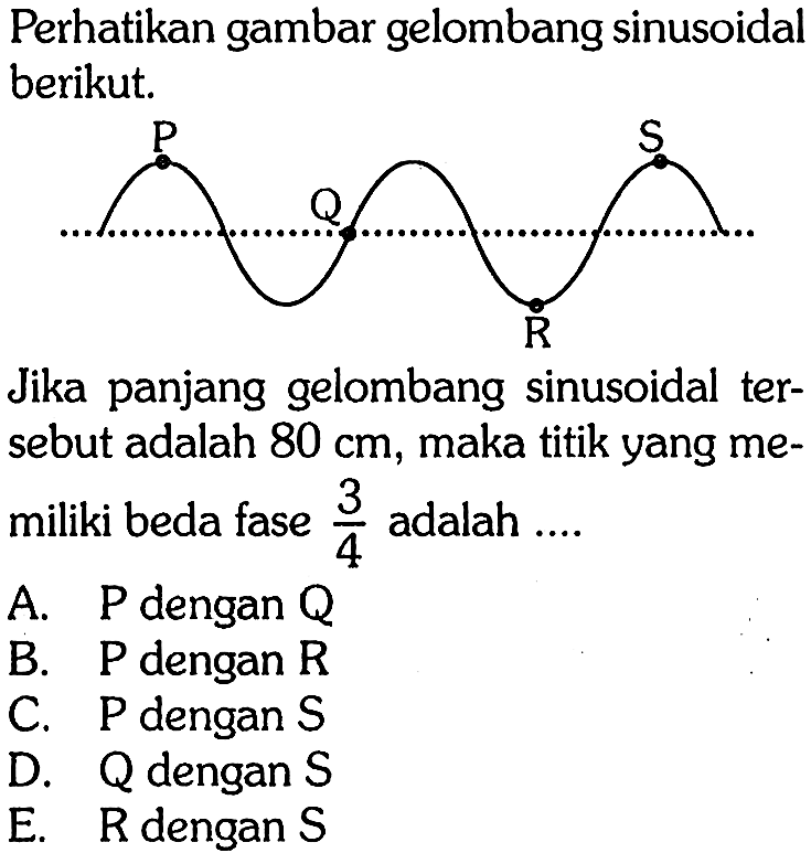 Perhatikan gambar gelombang sinusoidal berikut. P Q R S Jika panjang gelombang sinusoidal tersebut adalah 80 cm, maka titik yang memiliki beda fase 3/4 adalah ...