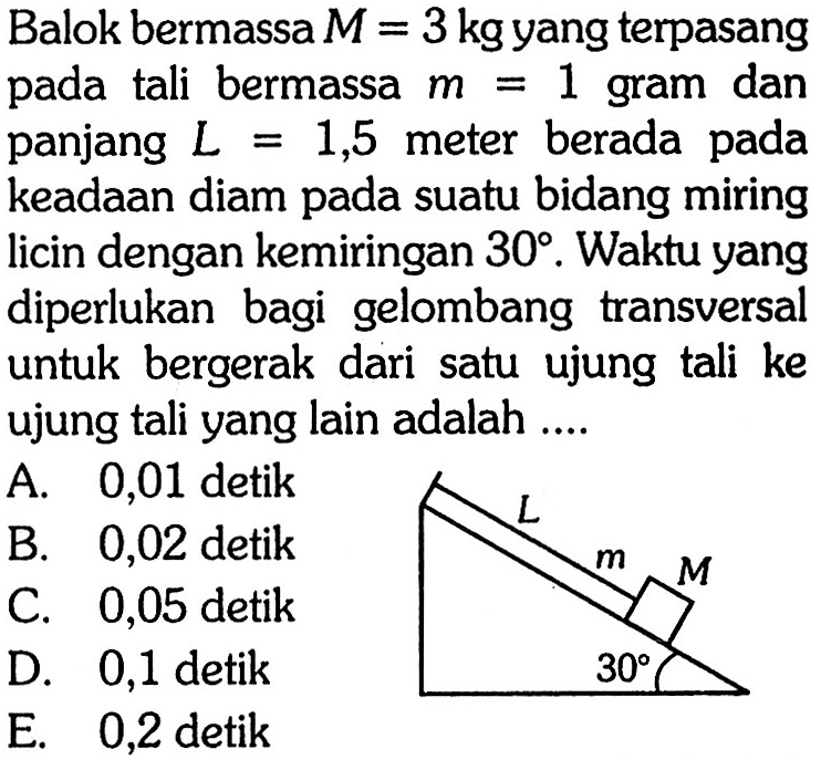 Balok bermassa M=3 kg yang terpasang pada tali bermassa m=1 gram dan panjang L=1,5 meter berada pada keadaan diam pada suatu bidang miring licin dengan kemiringan 30. Waktu yang diperlukan bagi gelombang transversal untuk bergerak dari satu ujung tali ke ujung tali yang lain adalah .... L m M 30