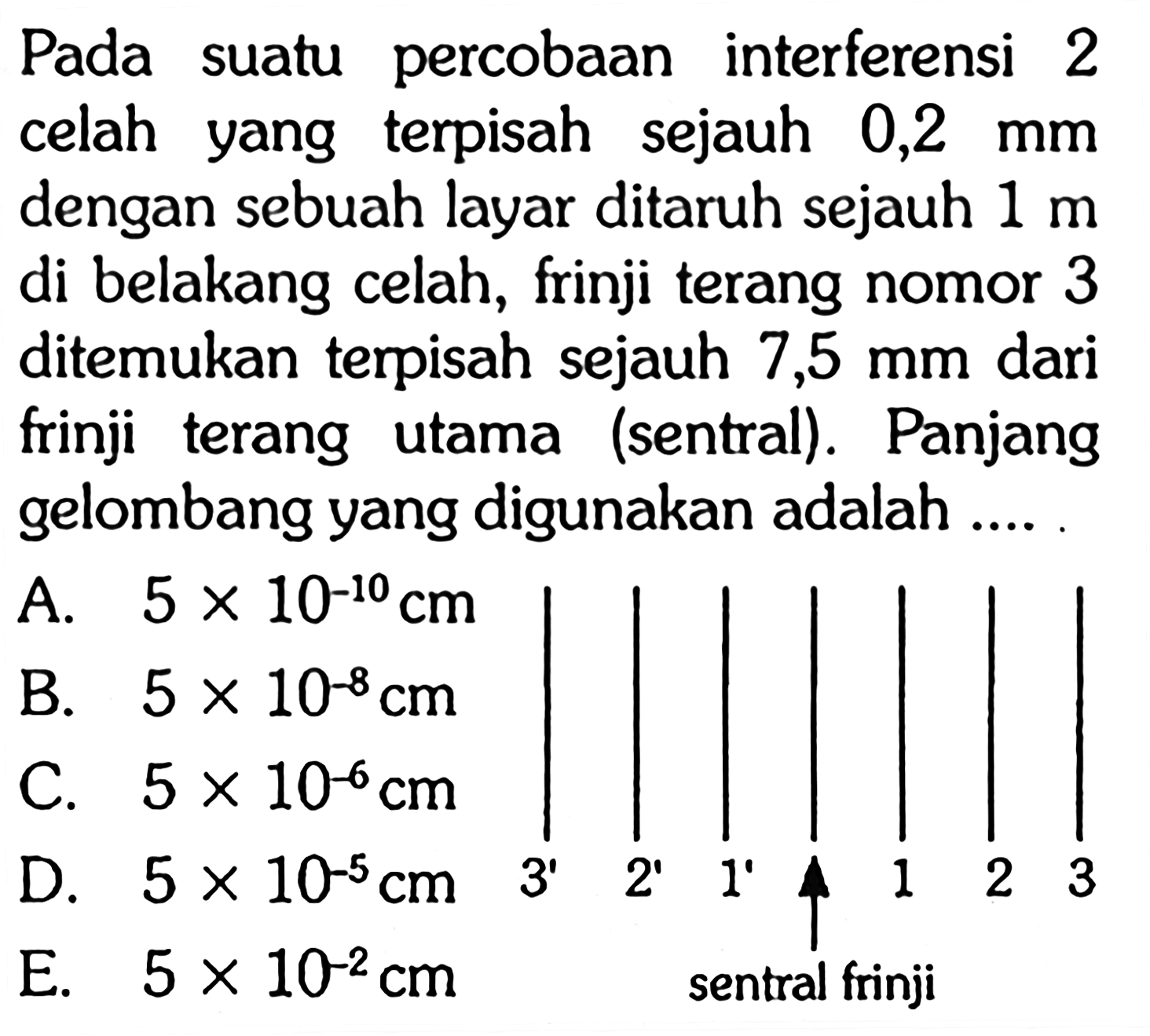 Pada suatu percobaan interferensi 2 celah yang terpisah sejauh 0,2 mm dengan sebuah layar ditaruh sejauh 1 m di belakang celah, frinji terang nomor 3 ditemukan terpisah sejauh 7,5 mm dari frinji terang utama (sentral). Panjang gelombang yang digunakan adalah ....