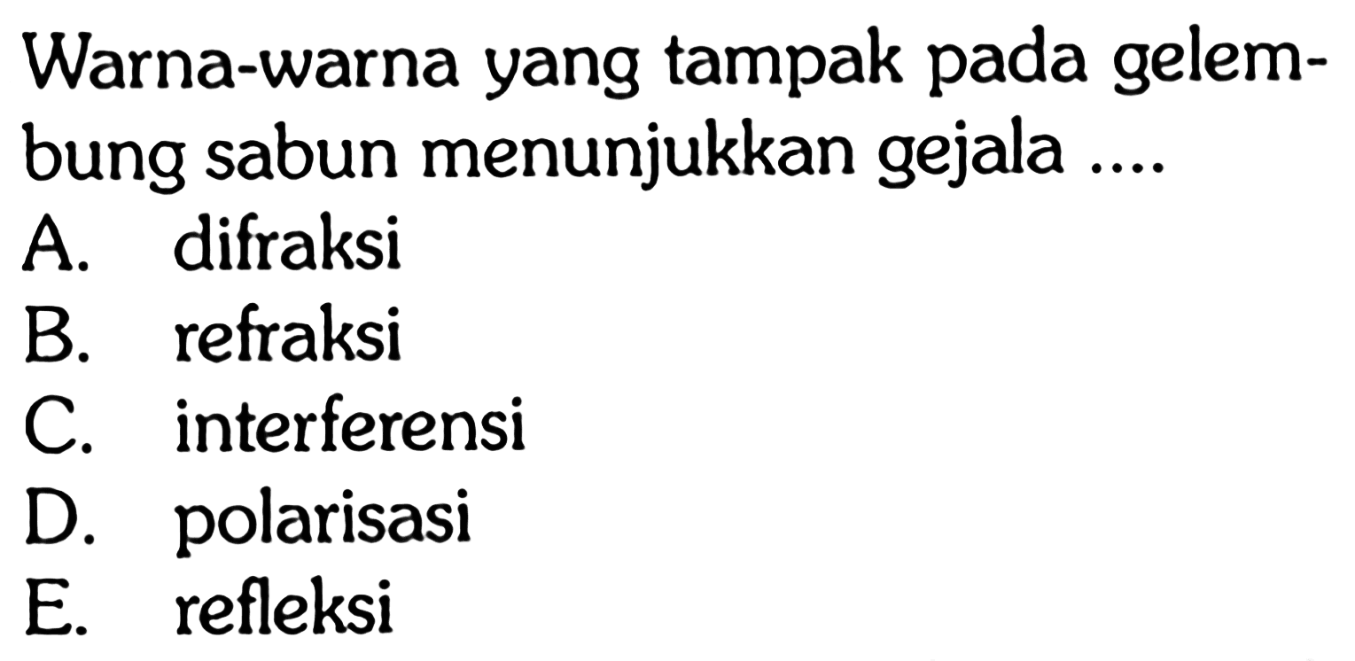 Warna-warna yang tampak pada gelembung sabun menunjukkan gejala ...