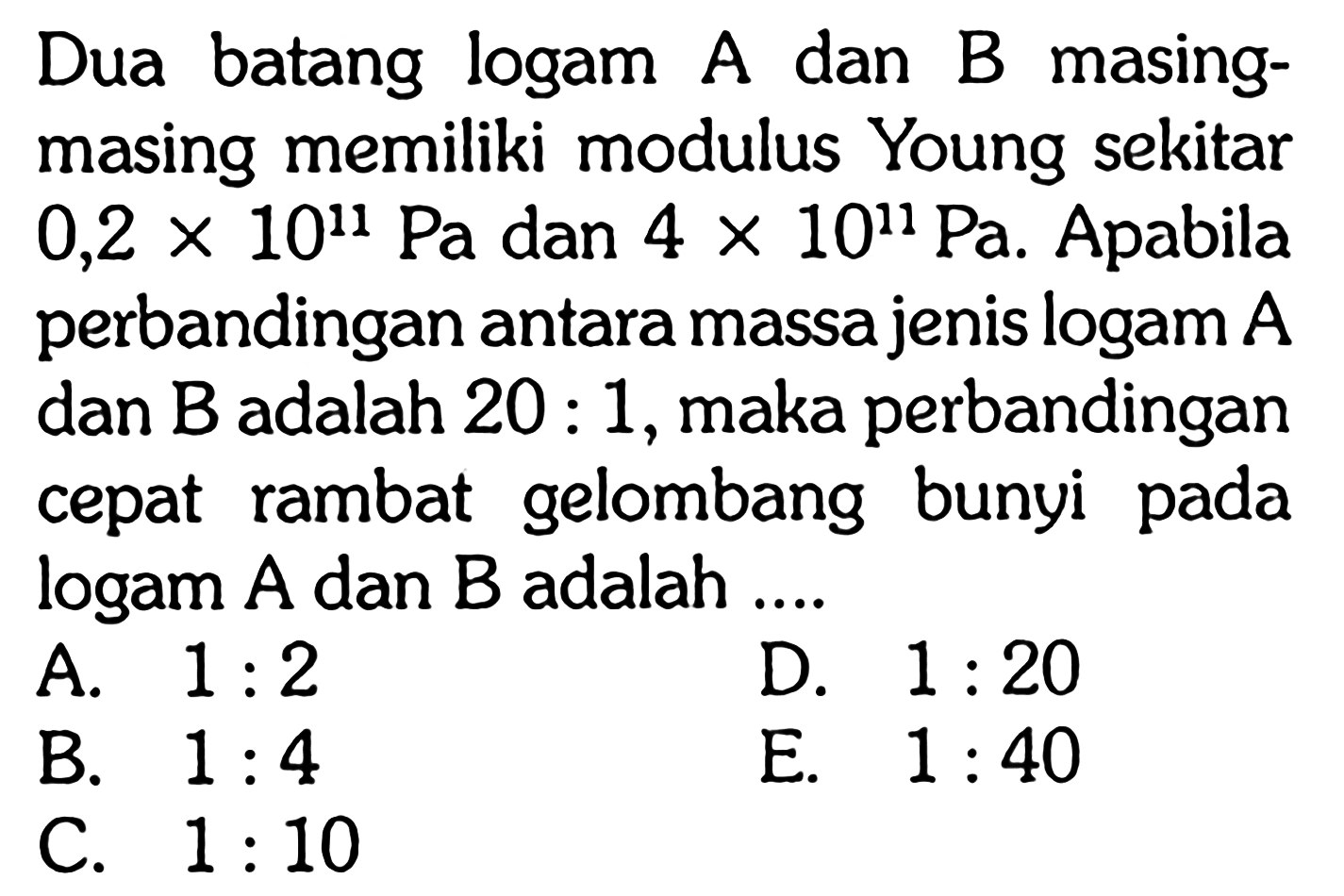 Dua batang logam A dan B masingmasing memiliki modulus Young sekitar 0,2x10^11 Pa dan 4x10^11 Pa. Apabila perbandingan antara massa jenis logam A dan B adalah 20:1, maka perbandingan cepat rambat gelombang bunyi pada logam A dan B adalah ....