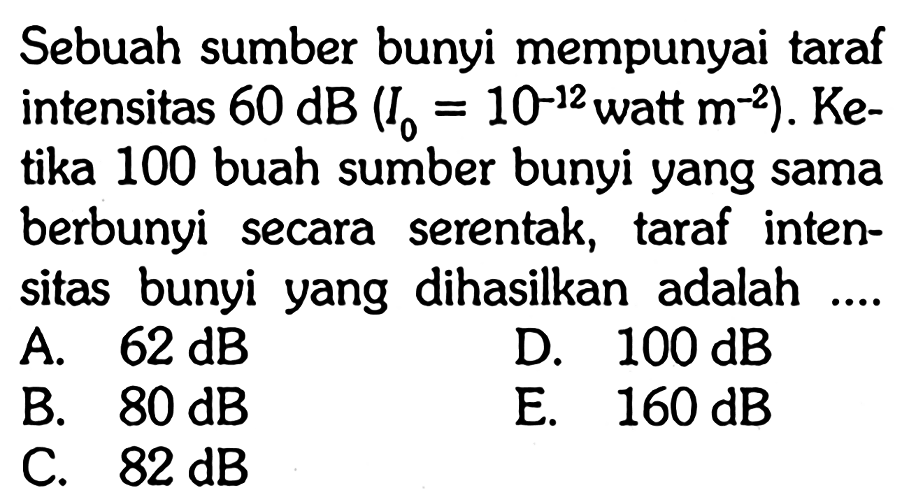 Sebuah sumber bunyi mempunyai taraf intensitas 60 dB(Io=10^(-12) watt m^(-2)). Ketika 100 buah sumber bunyi yang sama berbunyi secara serentak, taraf intensitas bunyi yang dihasilkan adalah ...