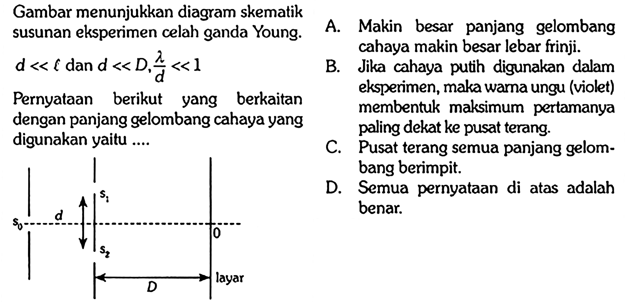 Gambar menunjukkan diagram skematik susunan eksperimen celah ganda Young. 
d << l dan d << D, lambda/d << 1 
Pernyataan berikut yang berkaitan dengan panjang gelombang cahaya yang digunakan yaitu ... 
s0 s1 s2 d D 0 layar 
A. Makin besar panjang gelombang cahaya makin besar lebar frinji.
B. Jika cahaya putih digunakan dalam eksperimen, maka warna ungu (violet) membentuk maksimum pertamanya paling dekat ke pusat terang. 
C. Pusat terang semua panjang gelombang berimpit
D. Semua pernyataan di atas adalah benar 