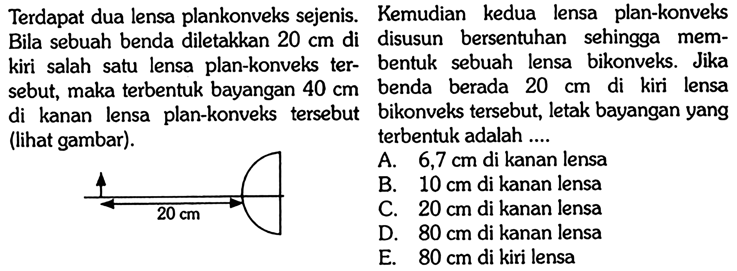 Terdapat dua lensa plankonveks sejenis. Kemudian kedua lensa plan-konveks Bila sebuah benda diletakkan  20 cm  di disusun bersentuhan sehingga memkiri salah satu lensa plan-konveks ter- bentuk sebuah lensa bikonveks. Jika sebut, maka terbentuk bayangan  40 cm  benda berada  20 cm  di kiri lensa di kanan lensa plan-konveks tersebut bikonveks tersebut, letak bayangan yang (lihat gambar).terbentuk adalah ....