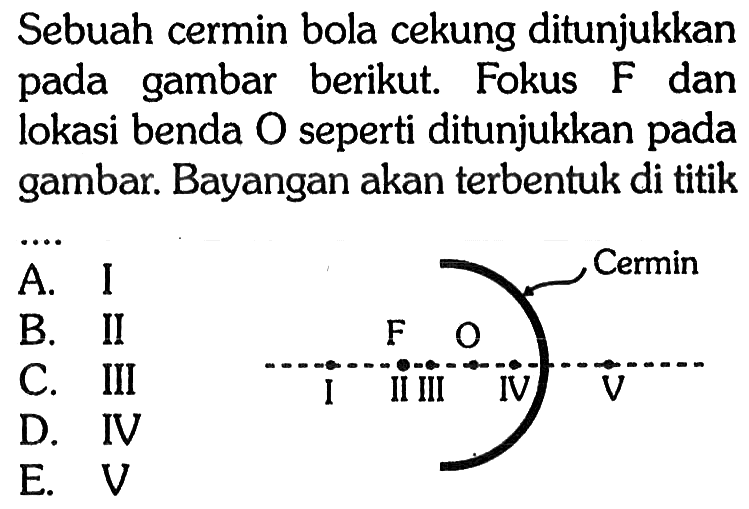 Sebuah cermin bola cekung ditunjukkan pada gambar berikut. Fokus  F  dan lokasi benda O seperti ditunjukkan pada gambar. Bayangan akan terbentuk di titik I F II III O IV Cermin V 