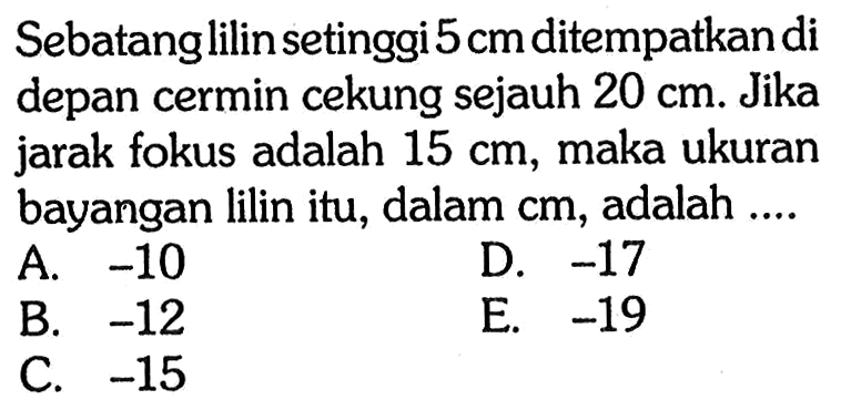 Sebatang lilin setinggi 5 cm ditempatkan di depan cermin cekung sejauh  20 cm . Jika jarak fokus adalah 15 cm , maka ukuran bayangan lilin itu, dalam  cm , adalah ....