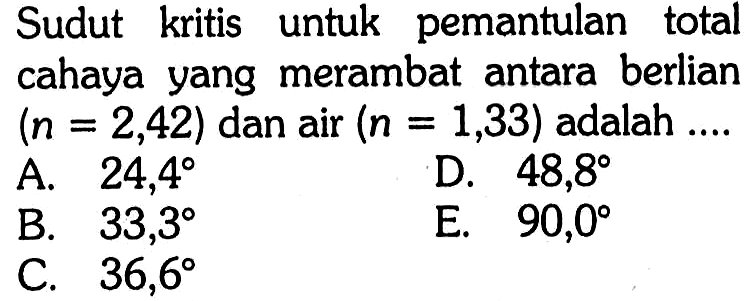 Sudut kritis untuk pemantulan total cahaya yang merambat antara berlian (n = 2,42) dan air  (n = 1,33) adalah....